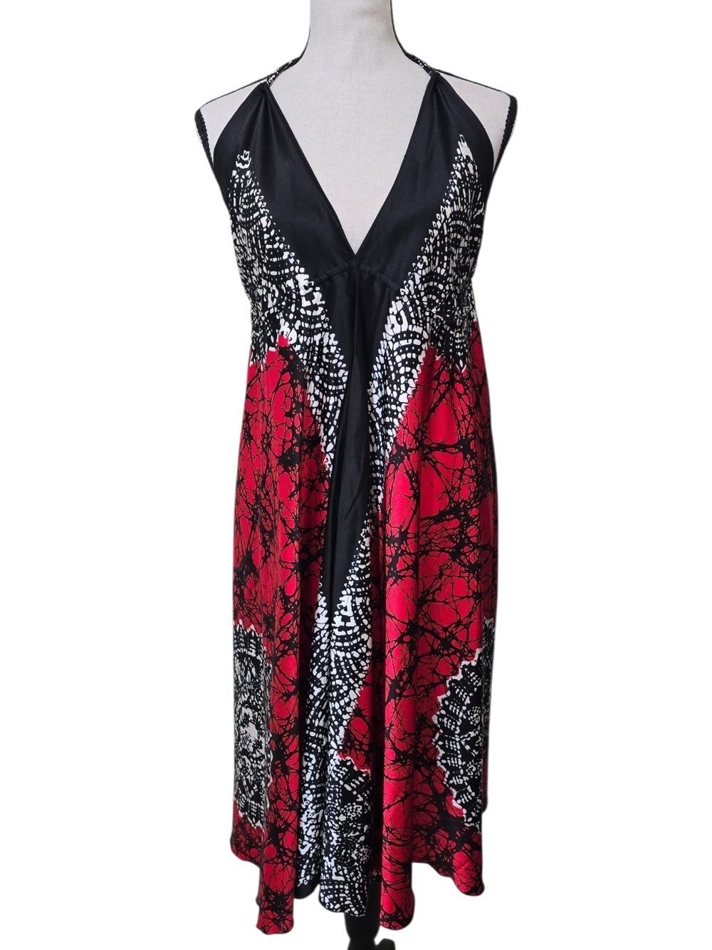 Ocean Queen Red Black 100% Silk Halter Handkerchief Dress One Size Boho Resort